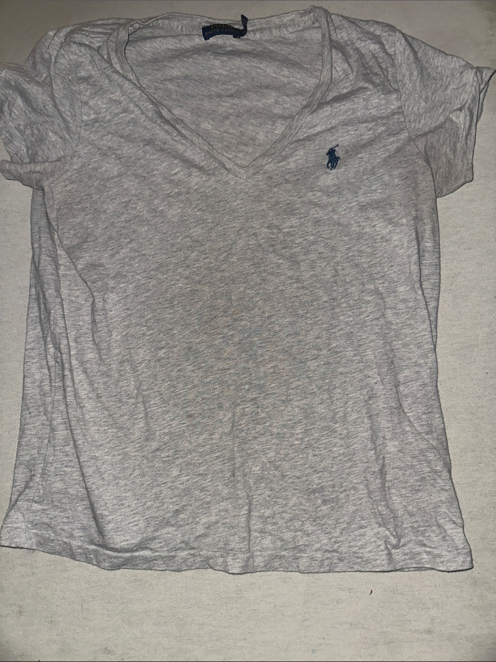 Womens Size S Ralph Lauren Light Heather Gray V-Neck Tee with Navy Pony